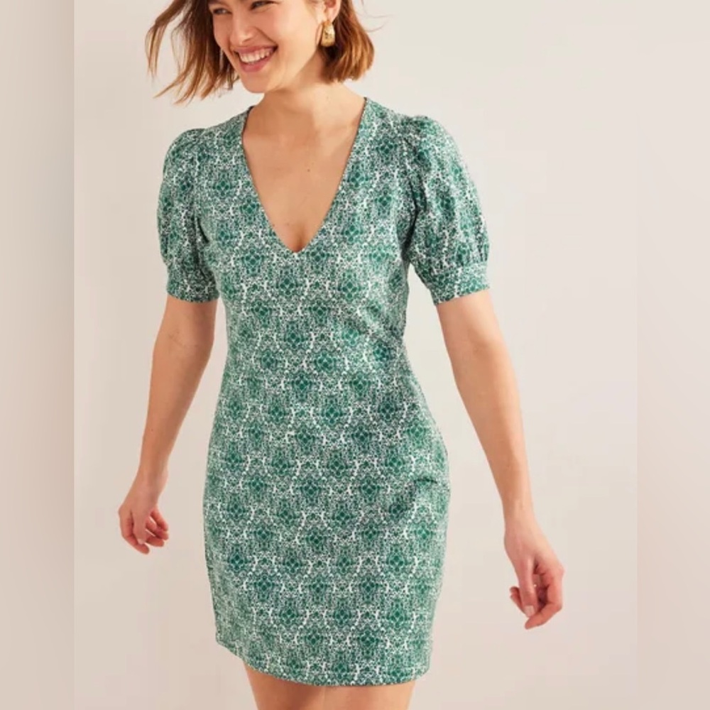 Boden Green Printed V-Neck Puff Sleeve Mini Dress